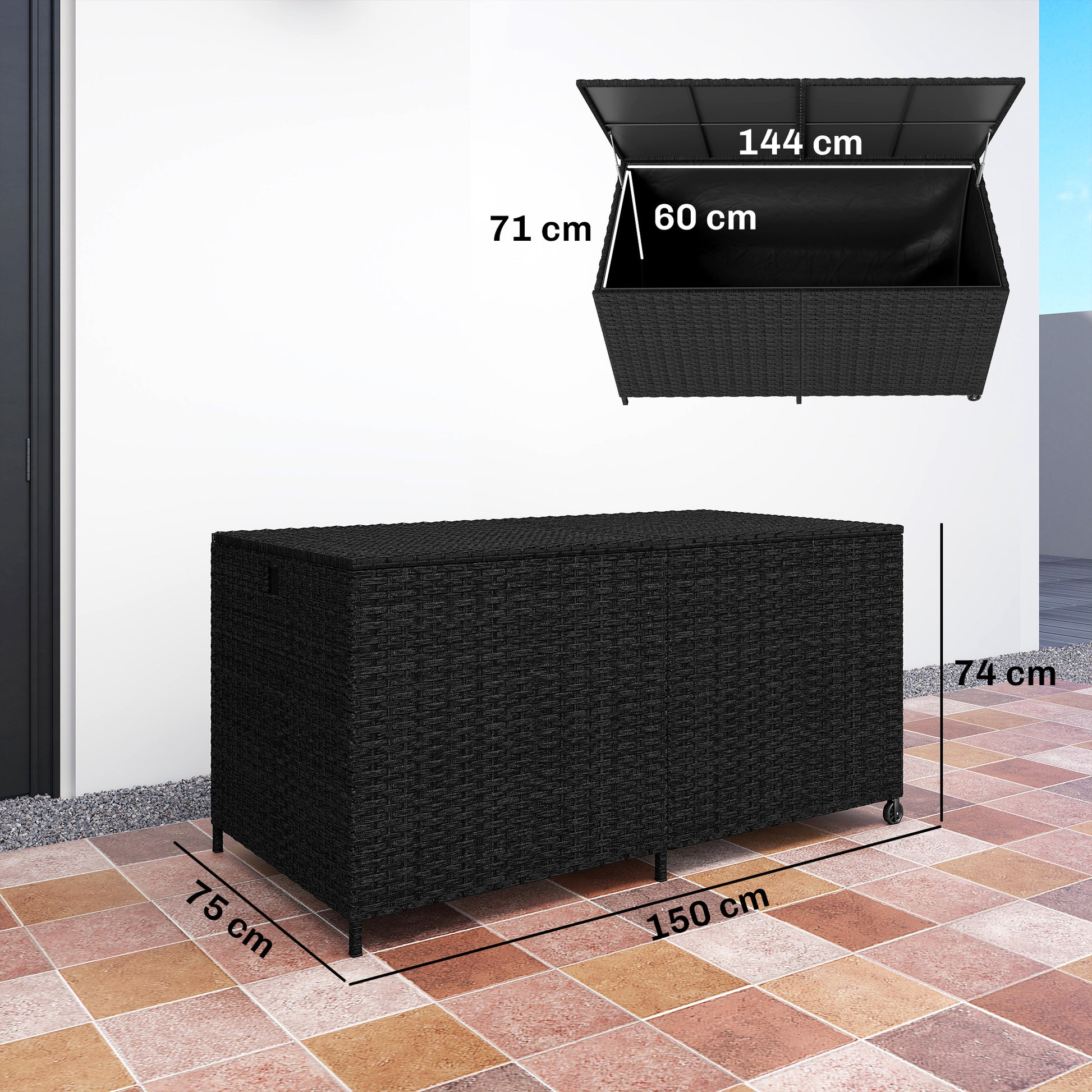 Outsunny - 650L Rattan Garden Storage Box, with Wheels, Black