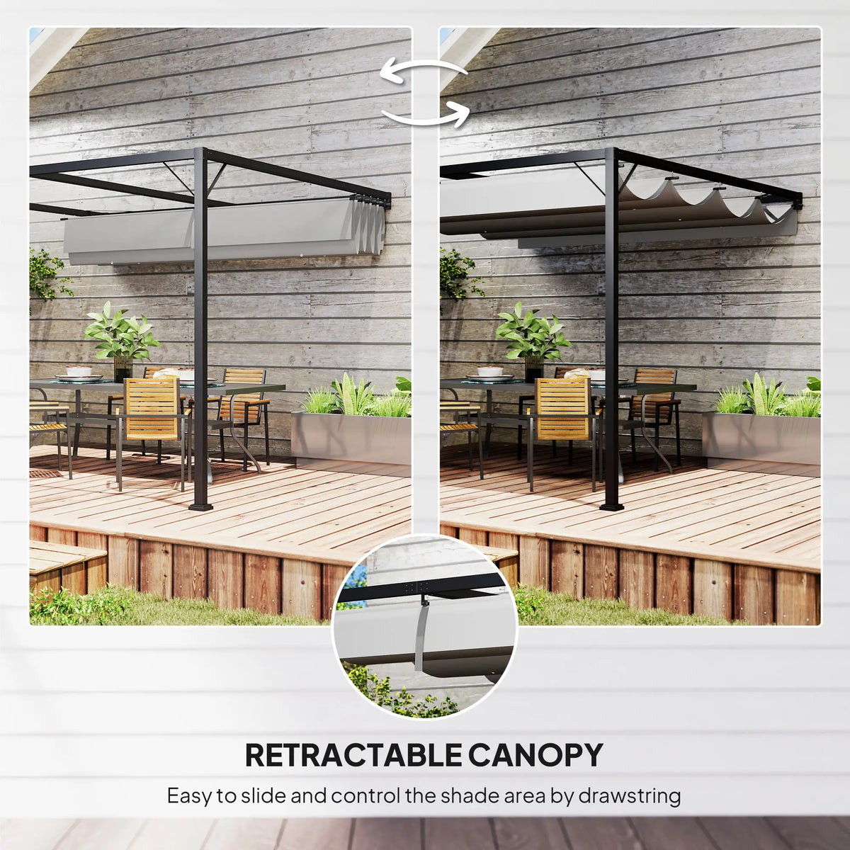 3m x 3m Lean – To Pergola – Grey Retractable Canopy Roof, Wall Mounted Outdoor Patio Shade Shelter