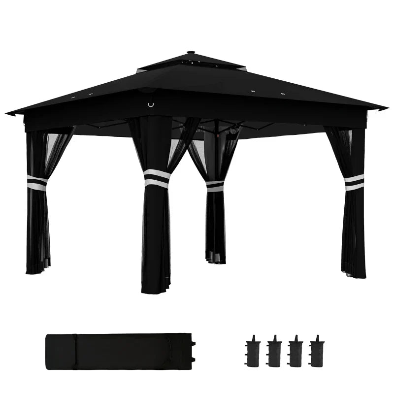 3m x 3m Pop Up Gazebo with Solar LED Lights – Black Outdoor Party Tent with Adjustable Height & Insect Netting