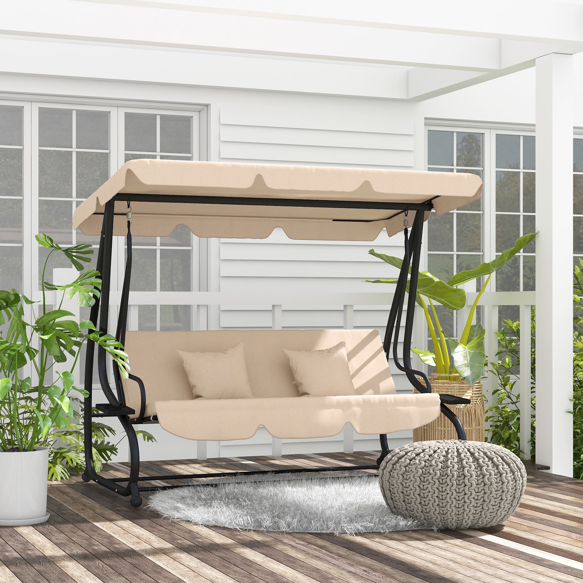 Amalfi Three-Person garden Swing Chair, with Adjustable Canopy - Light Brown