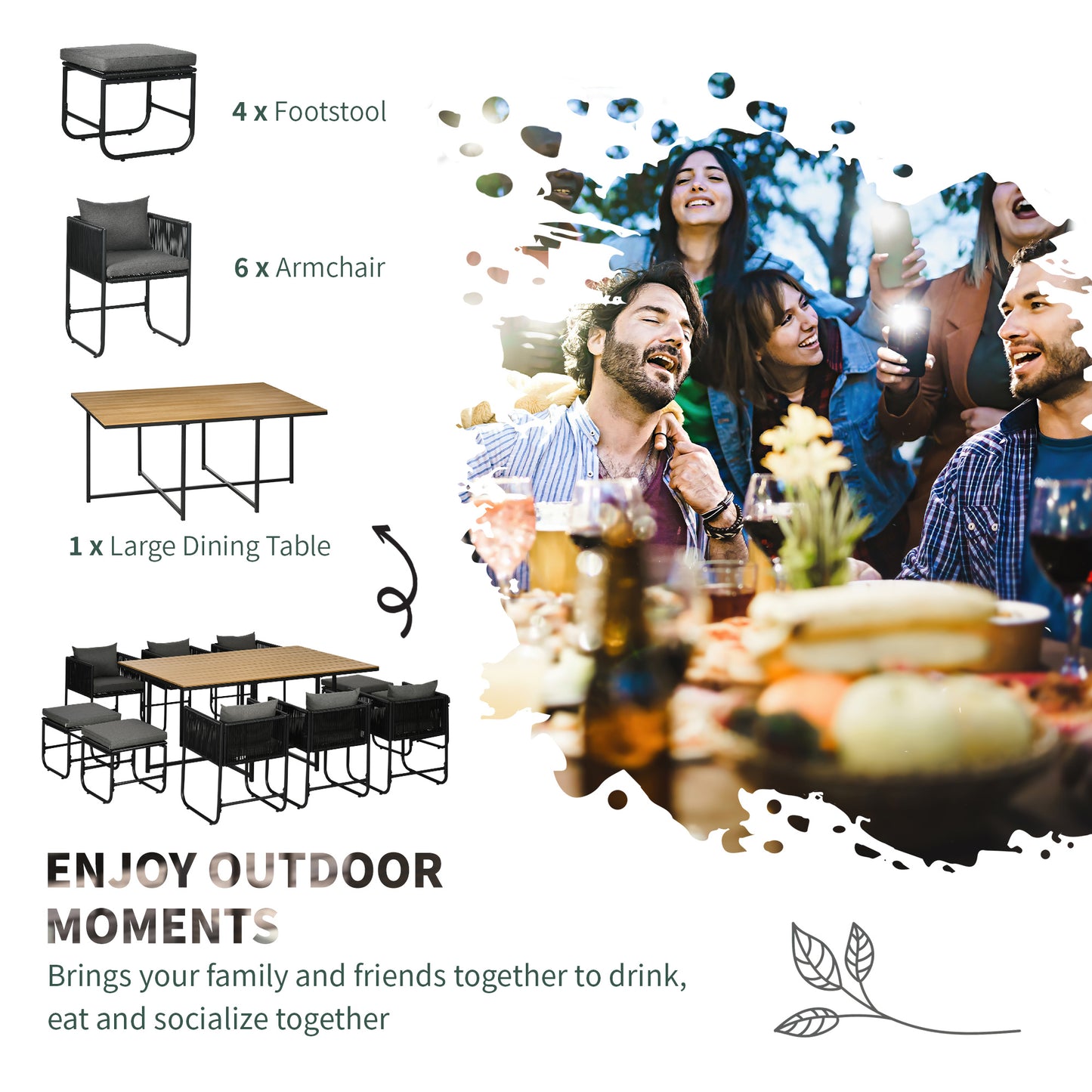 Outsunny 10 Seater Rattan Cube Garden Furniture Set with Wood Grain Plastic Top Table, Black