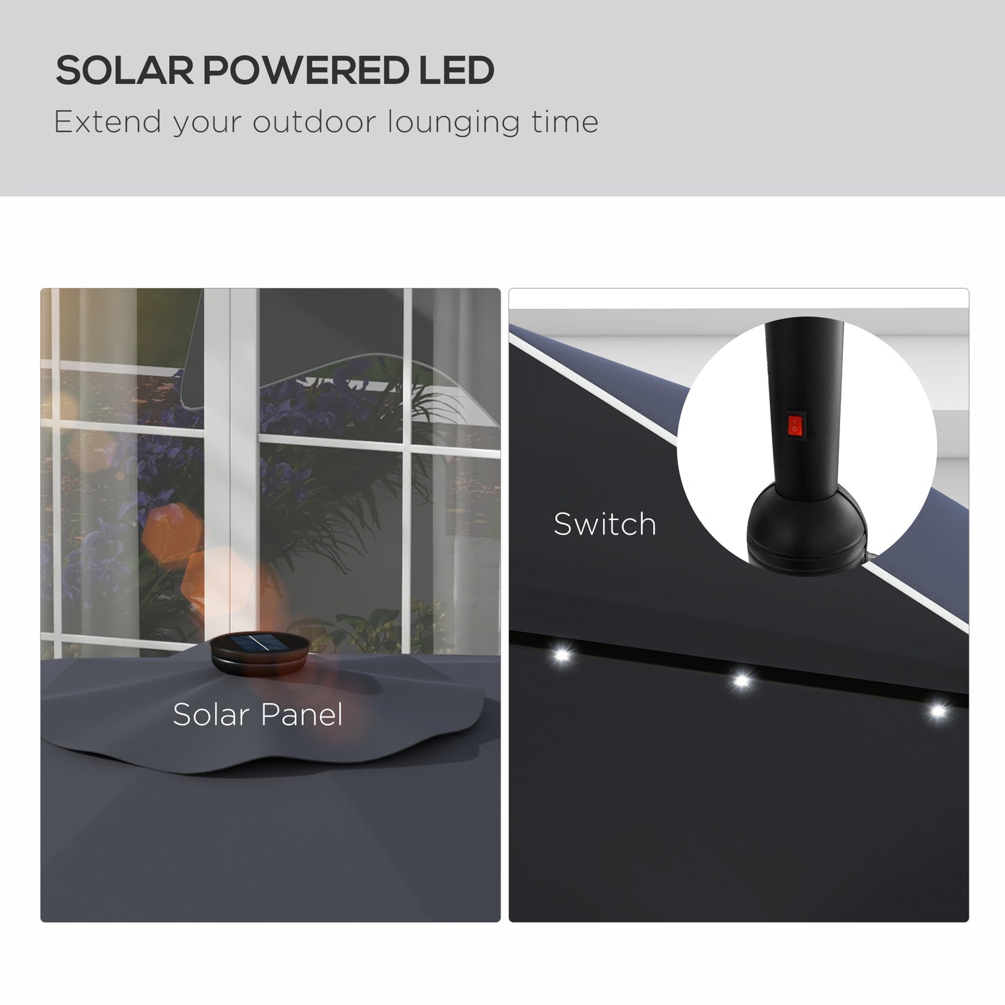 Outsunny Solar Patio Umbrella with LED and Tilt, Outdoor Market Table Umbrella Parasol with Crank, 3 x 3 (m), Dark Grey