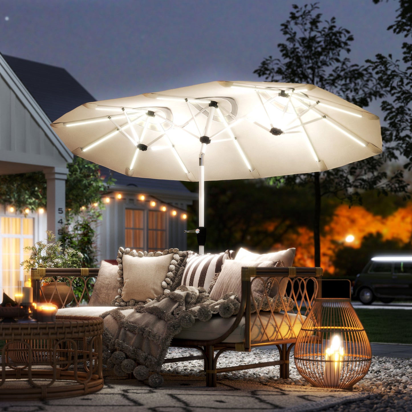 3 m Double-Sided Garden Parasol with LED Solar Lights, Outdoor Extra Large Sun Umbrella with Crank Handle
