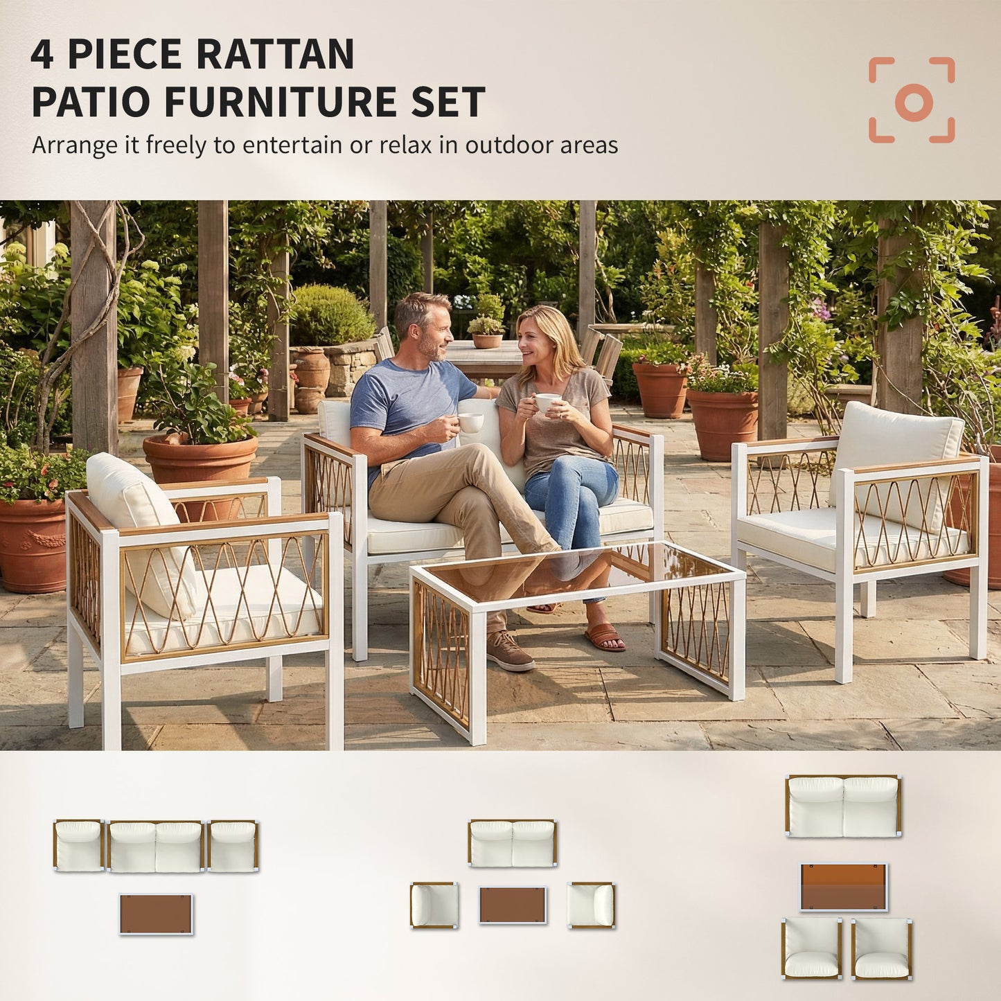 Outsunny 4 Piece Rattan Garden Furniture Set with Loveseat, 2 Armchairs, Cream White