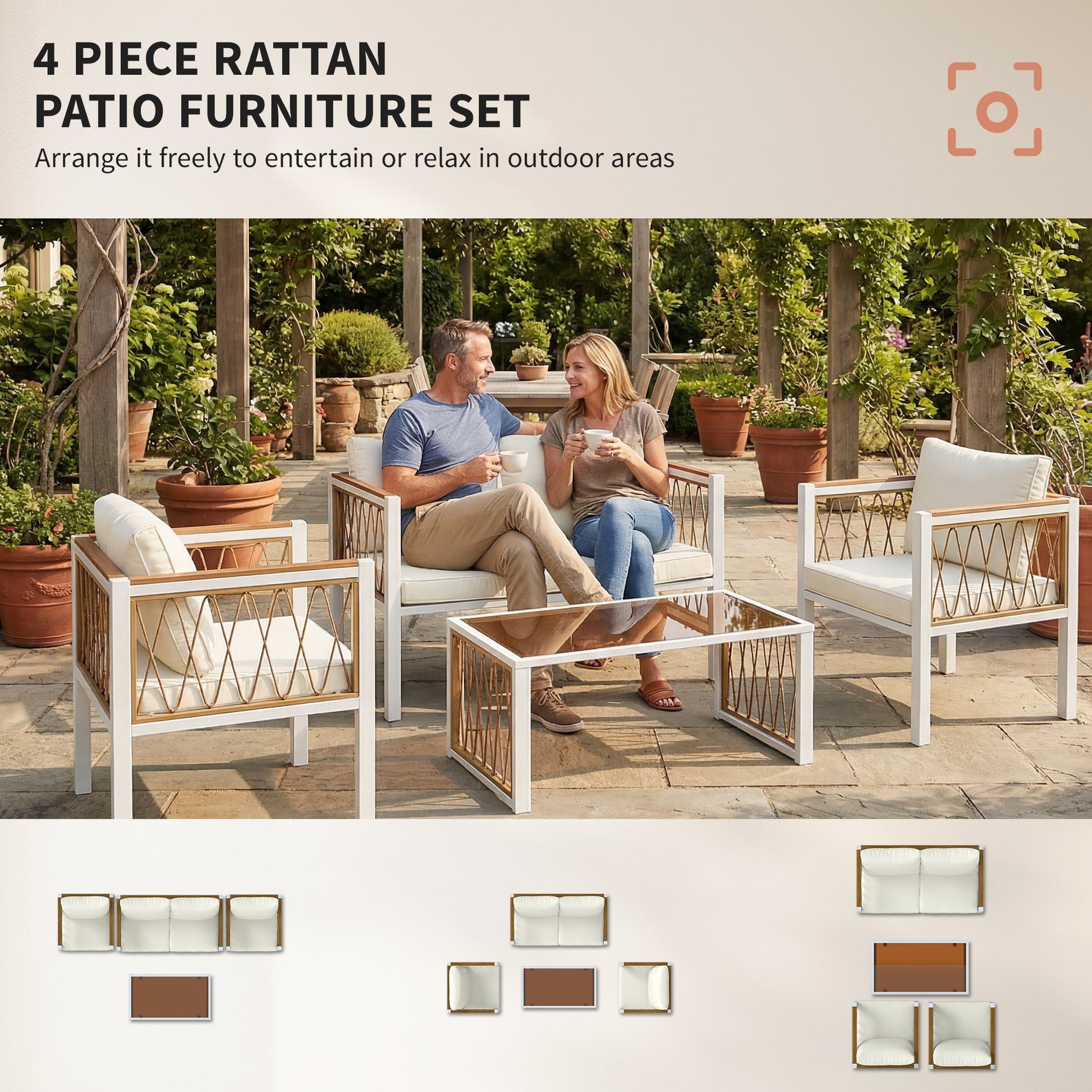 Outsunny 4 Piece Rattan Garden Furniture Set with Loveseat, 2 Armchairs, Cream White