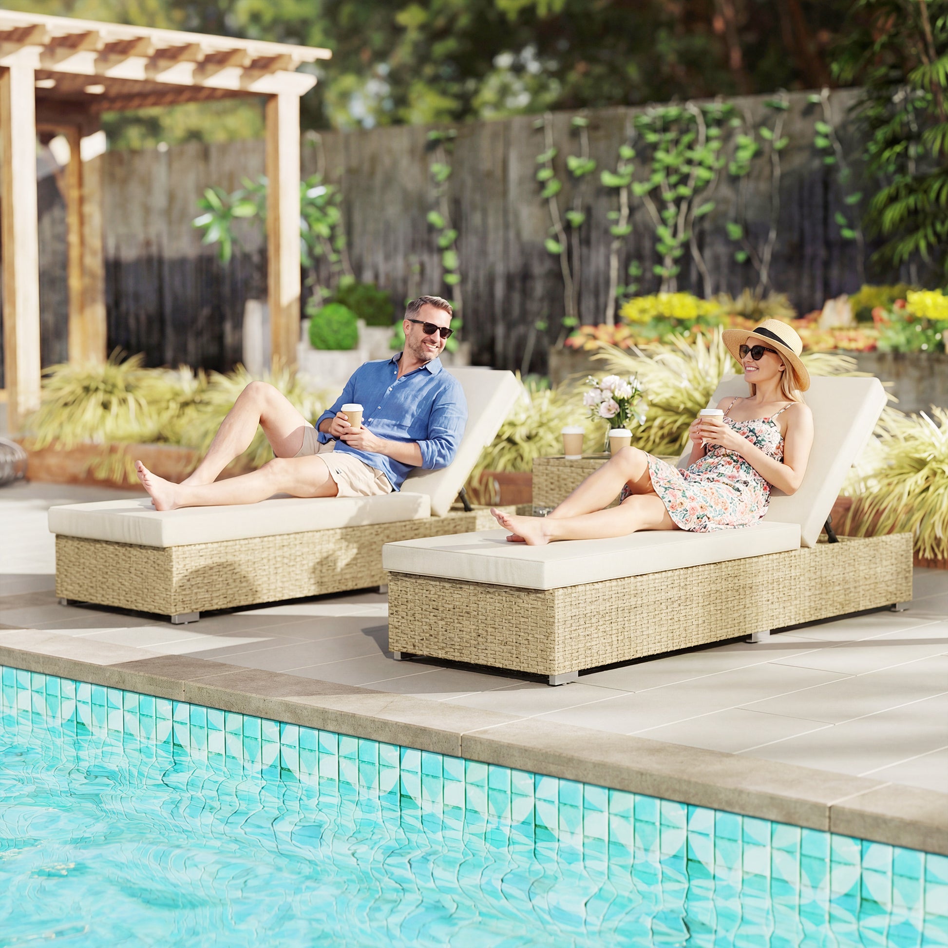 Capri Rattan Sun Loungers Set of 2 with Side Table, Garden Recliner Sunbeds with Adjustable Back, Cushions, Beige