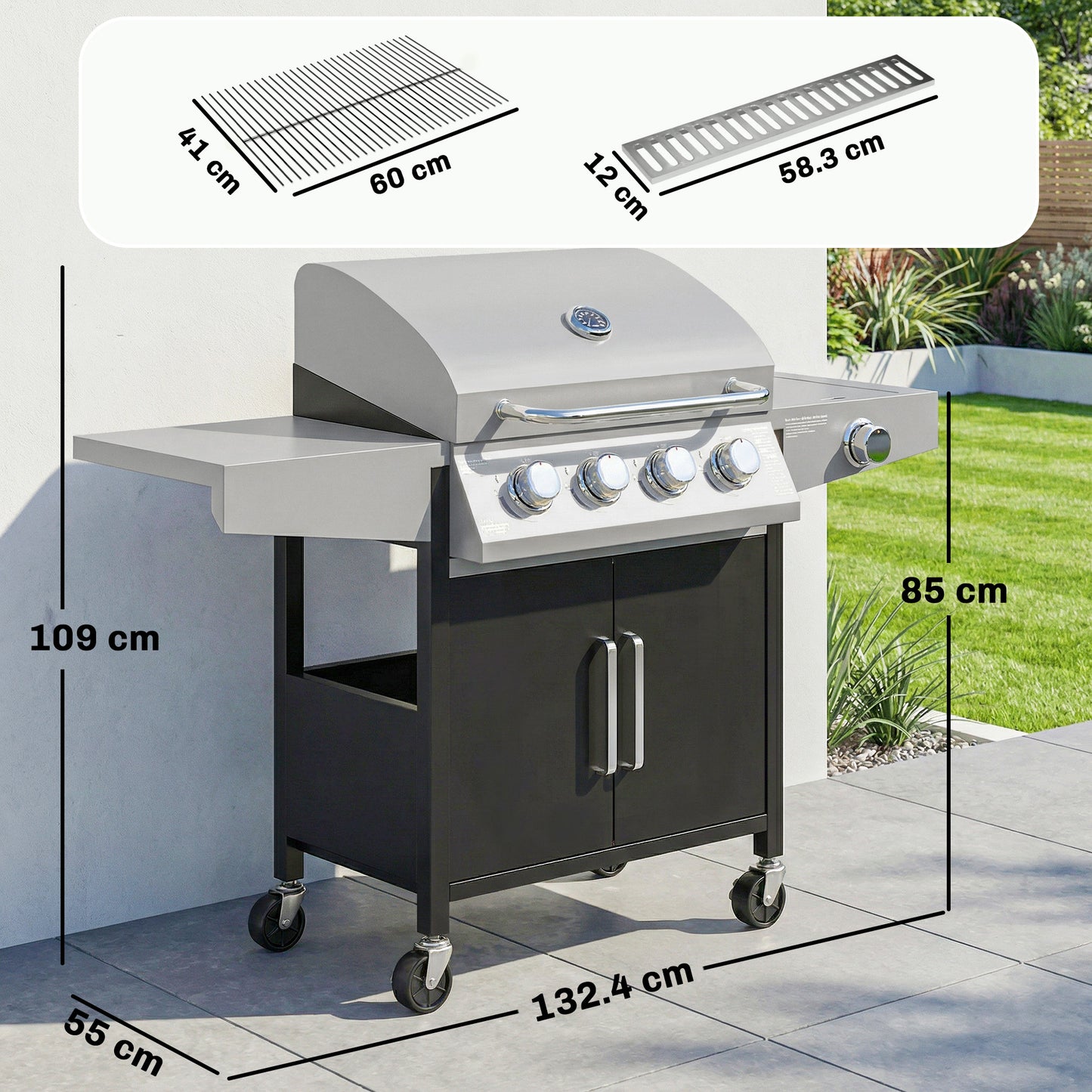 Outsunny 4+1 Burner Gas BBQ Grill with Side Burner, 14.5 kW Steel Portable Gas Barbecue Grill with Built-in Thermometer, Lid