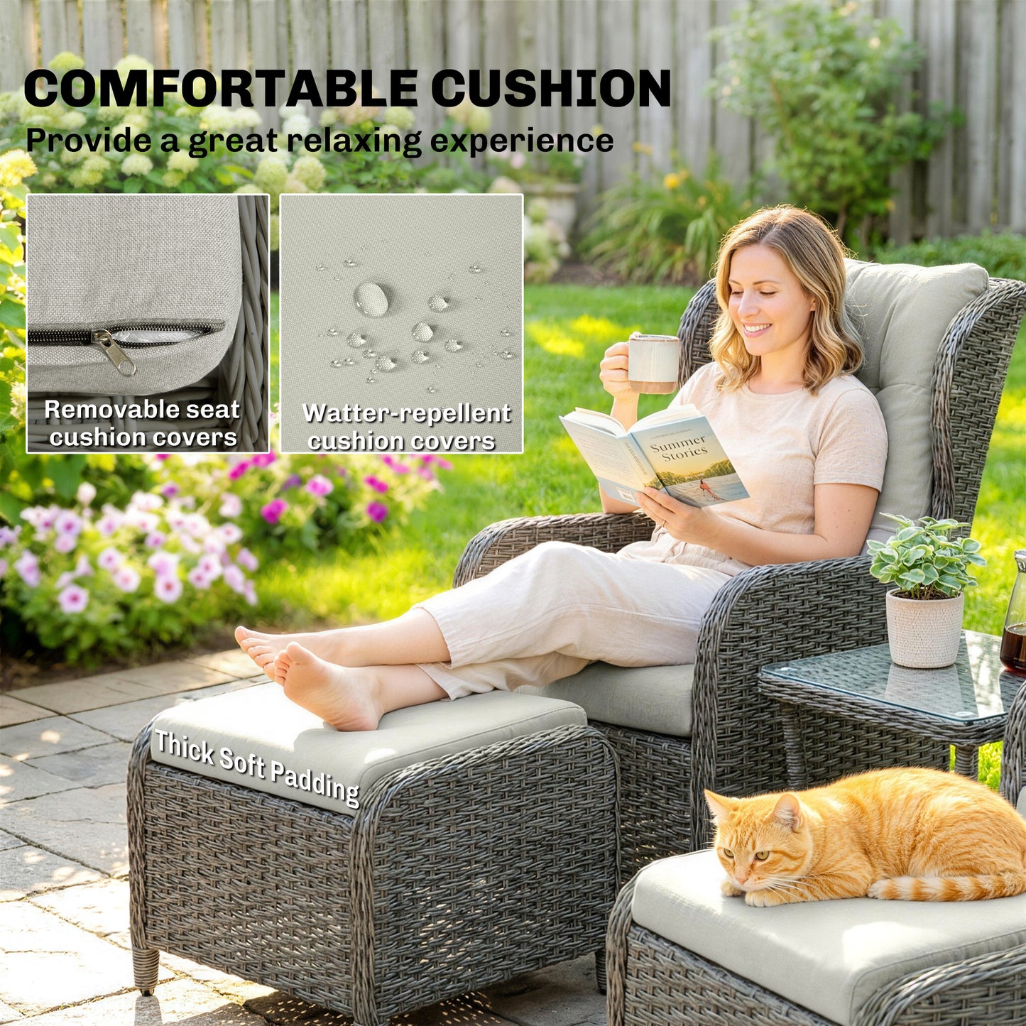 Outsunny Rattan Reclining Garden Chair Set of 2 with Footstool and Cushion for Balcony, Cream