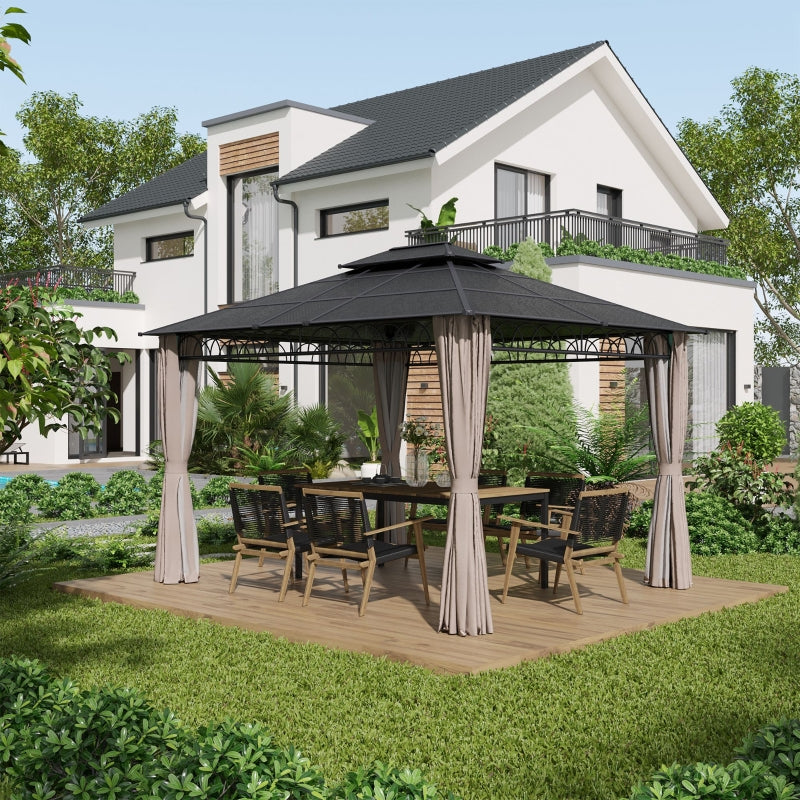3.6m x 3m Hardtop Garden Gazebo with Twin-Tier Polycarbonate Roof, Privacy Curtains & Insect Mesh Panels