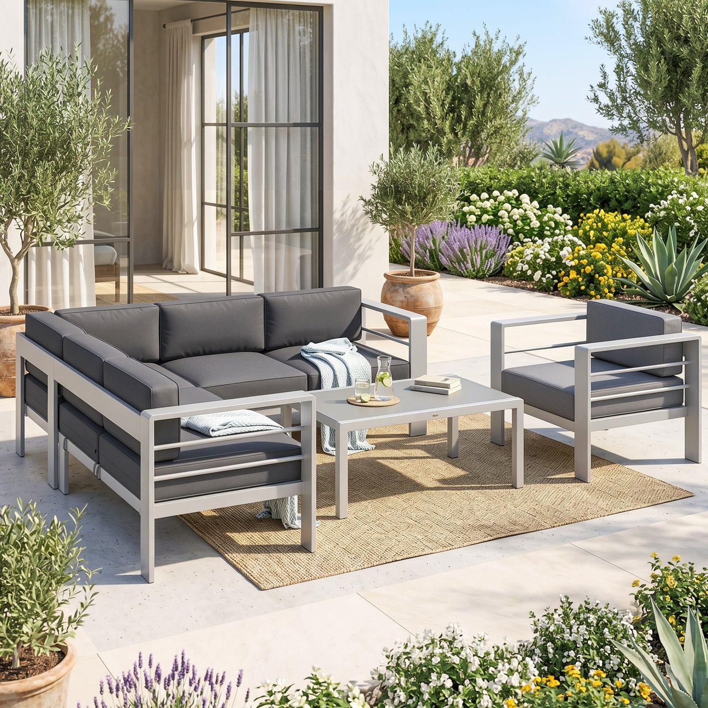 Outsunny Five-Piece Aluminium Garden Sofa Set, with Glass-Top Table - Grey