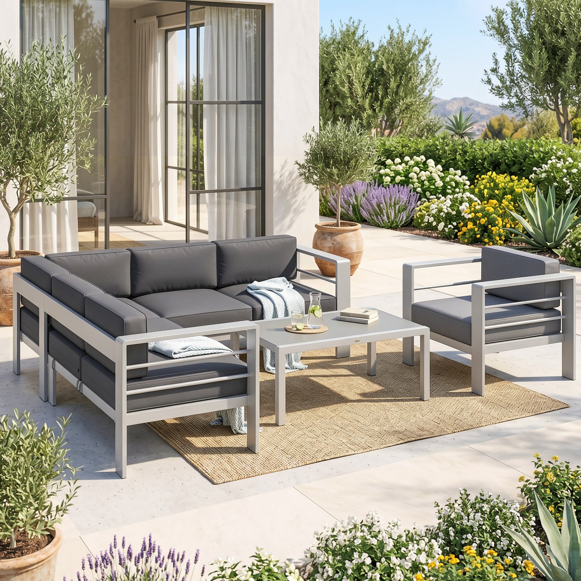 Outsunny Five-Piece Aluminium Garden Sofa Set, with Glass-Top Table - Grey