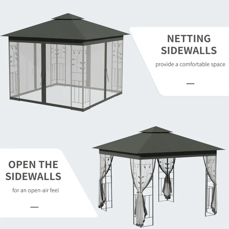 3m x 3m Grey Steel Frame Garden Gazebo – Double Tier Canopy Shelter with UV Protection, Mesh Curtains & Outdoor Party Pavilion