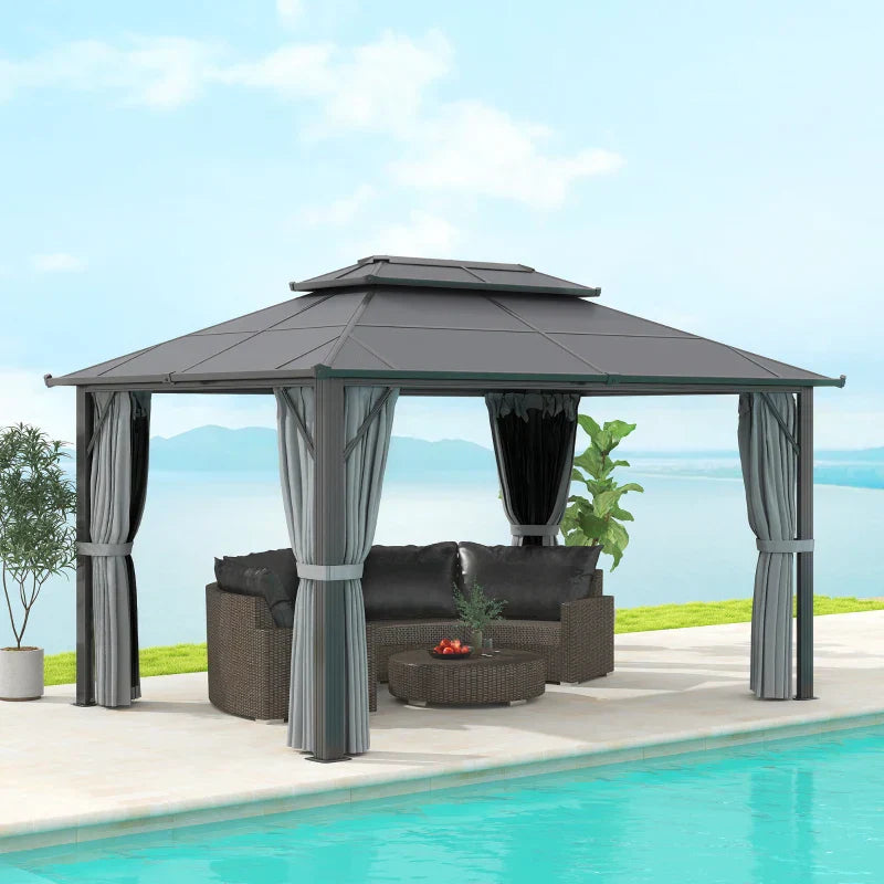 4m x 3m Grey Aluminium Hardtop Gazebo Pavilion – UPF30+ Polycarbonate Roof Outdoor Garden Shelter with Privacy Curtains & Insect Netting