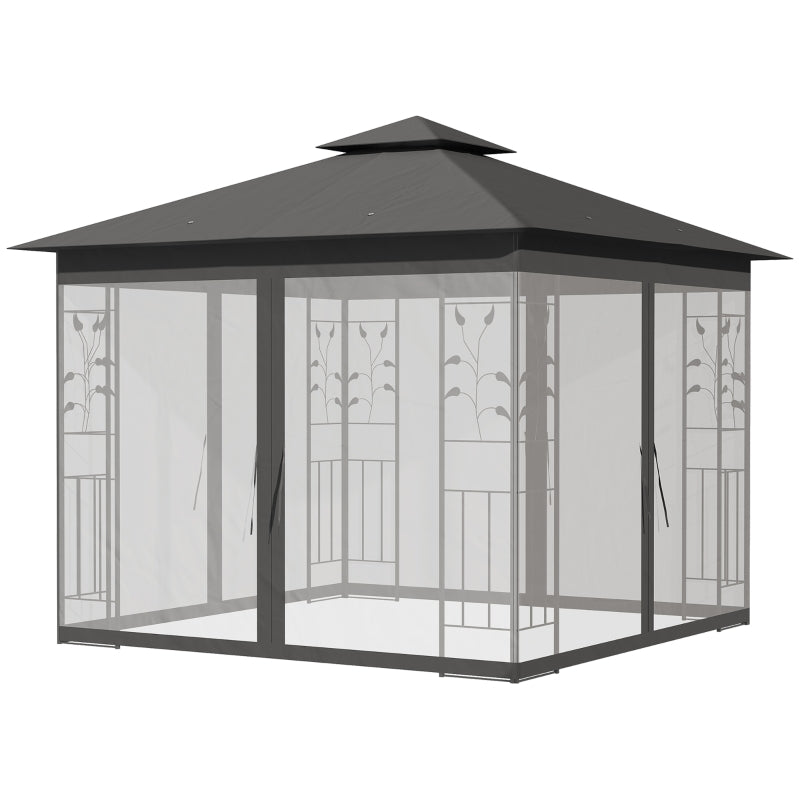 3m x 3m Grey Steel Frame Garden Gazebo – Double Tier Canopy Shelter with UV Protection, Mesh Curtains & Outdoor Party Pavilion