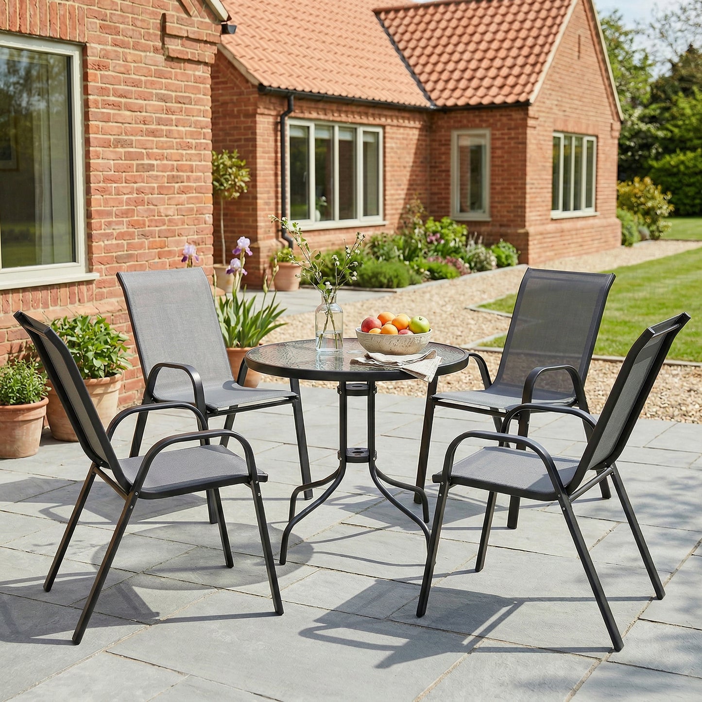 Mediterraneo Five-Piece Steel Patio Set, with Glass-Top Table - Dark Grey