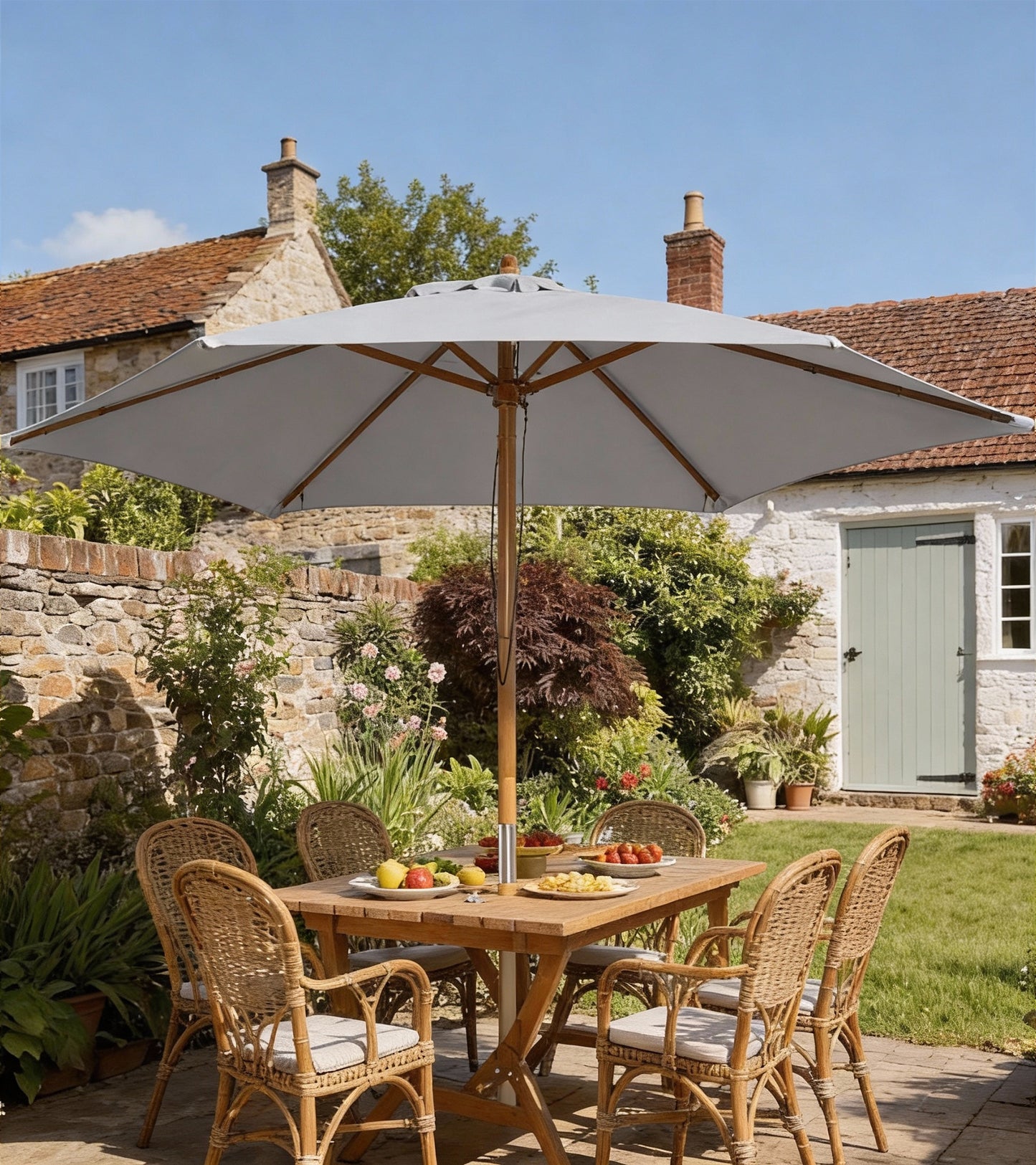 2.5m Wood Garden Parasol Sun Shade Patio Outdoor Wooden Umbrella Canopy, Table Market Umbrella with Vent, 38mm Pole, Rope Pulley Mechanism, Grey