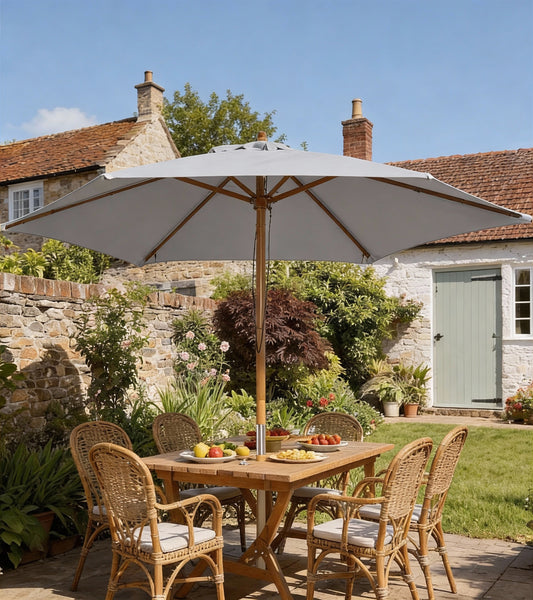 2.5m Wood Garden Parasol Sun Shade Patio Outdoor Wooden Umbrella Canopy, Table Market Umbrella with Vent, 38mm Pole, Rope Pulley Mechanism, Grey