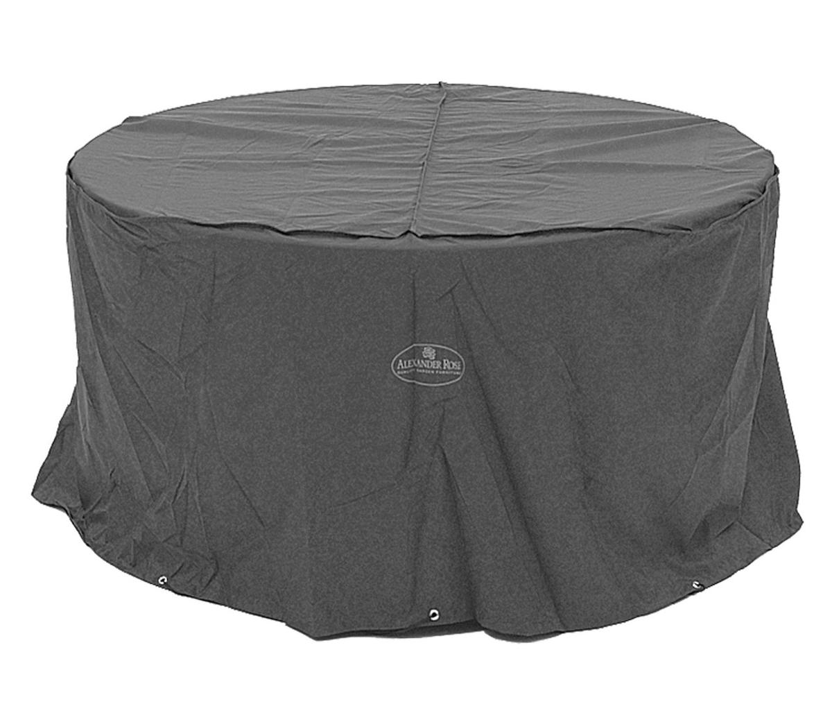 Round outdoor furniture cover in durable grey fabric, designed to protect patio tables from weather. Features the Alexander Rose logo for brand authenticity.