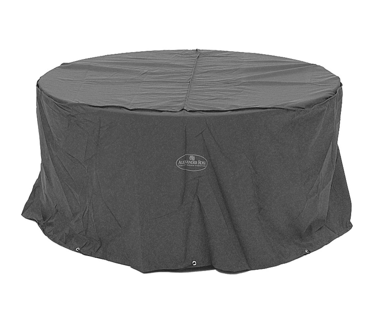 Grey round outdoor furniture cover by Alexander Rose, designed to protect tables and chairs from weather elements. Durable and water-resistant fabric with secure fit.