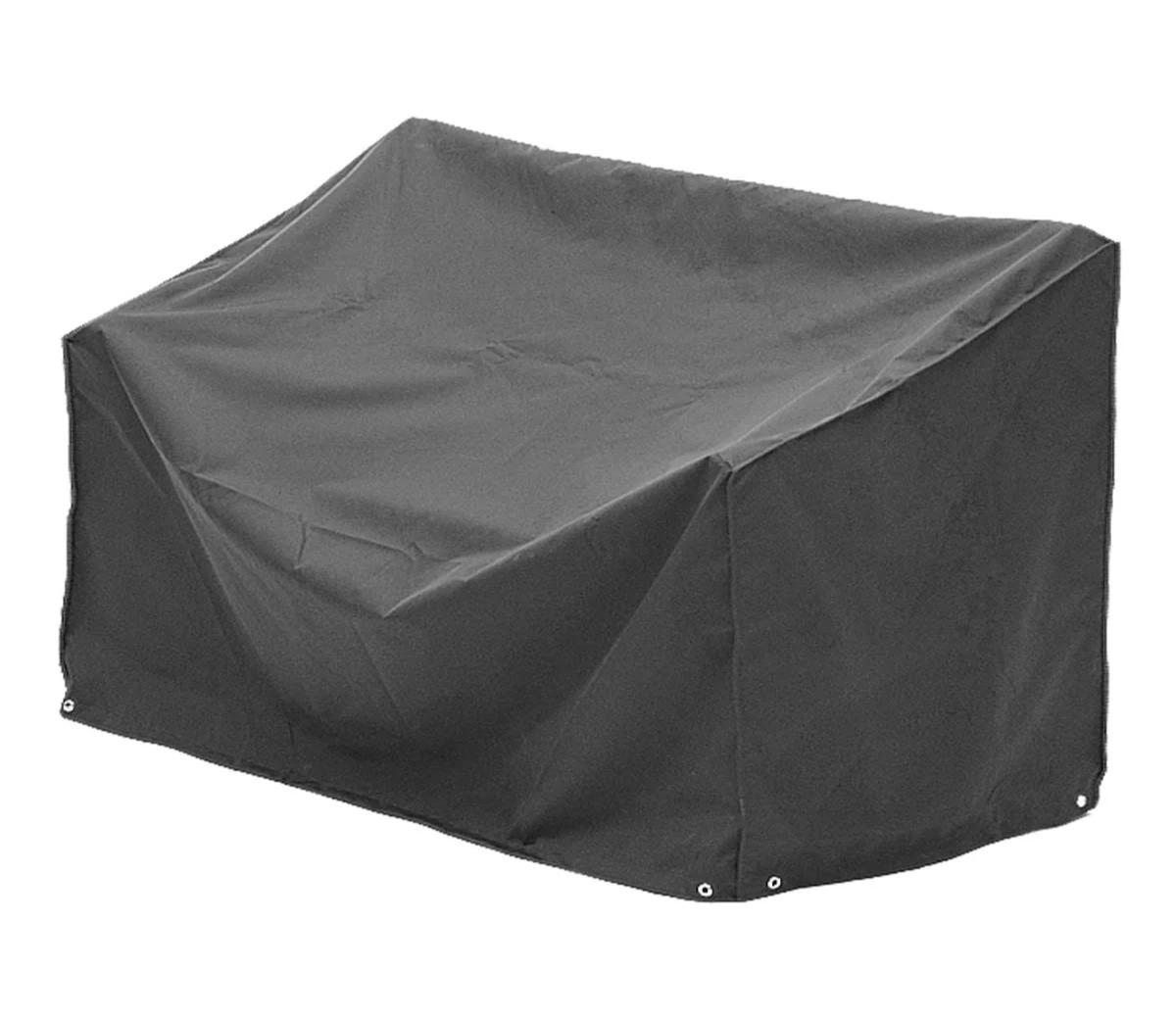 Black waterproof outdoor furniture cover designed for protecting benches from weather elements. Made with durable material and reinforced edges for long-lasting use.