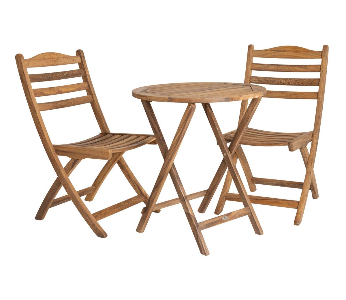A rustic wooden bistro set featuring a foldable round table and two matching foldable chairs, perfect for outdoor dining or patio décor.