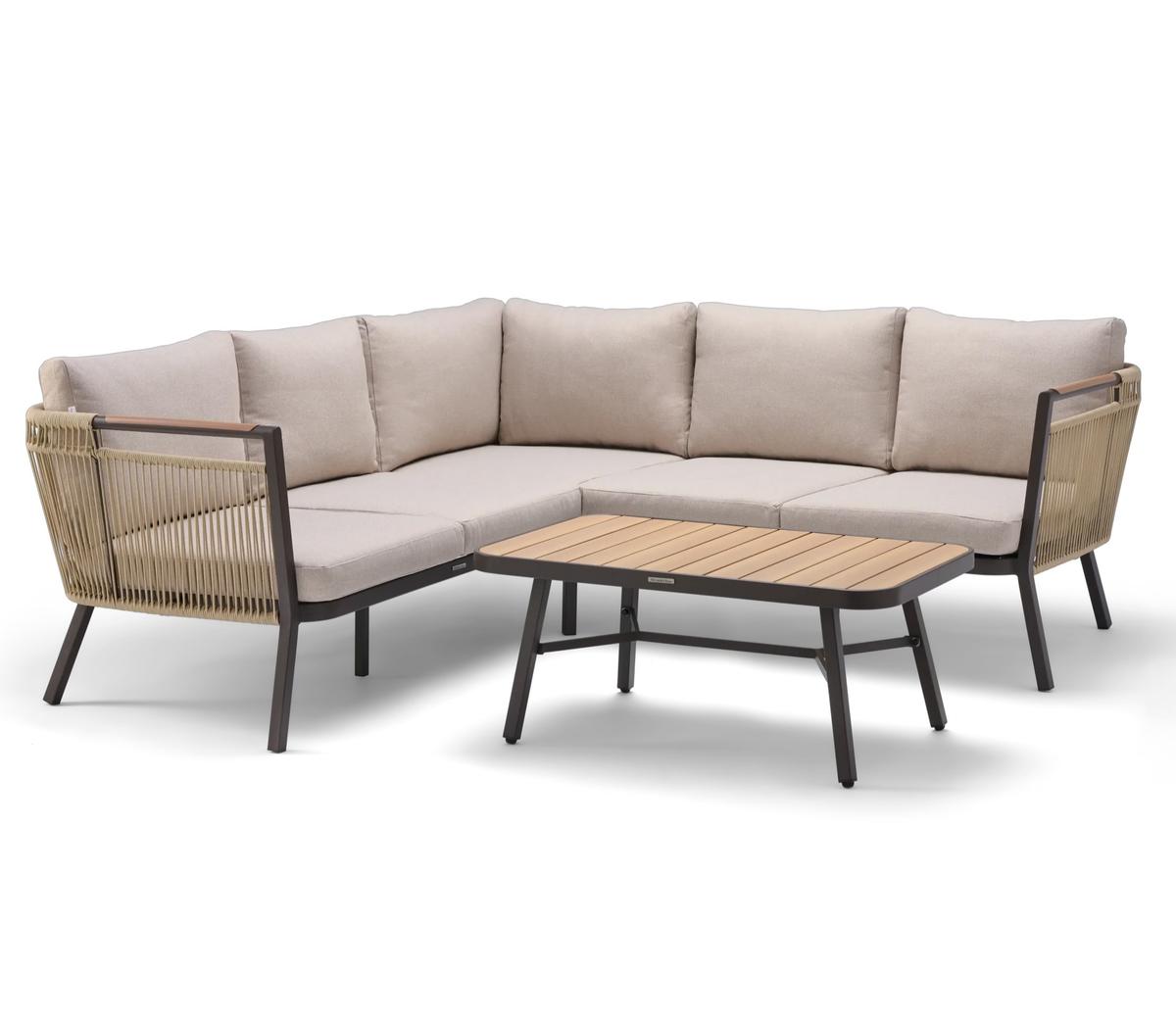 Contemporary outdoor L-shaped sofa set with beige cushions and woven rattan armrests, paired with a rectangular wooden coffee table on metal legs.