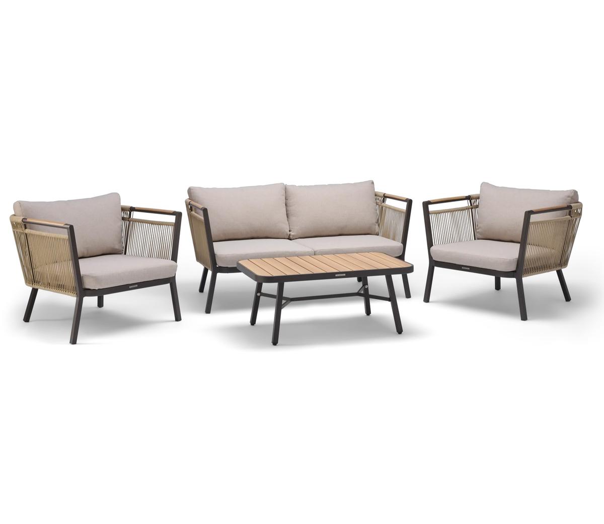 Outdoor patio set featuring a beige two-seater sofa, two matching armchairs, and a rectangular coffee table with a wooden top and black metal frame. Ideal for garden relaxation.
