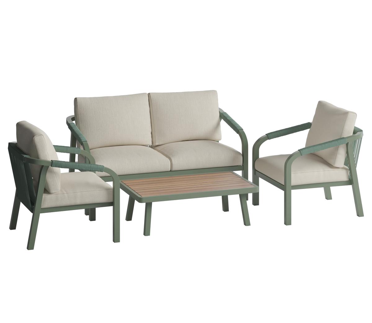 Outdoor garden furniture set with green aluminium frame includes a two-seater sofa, two armchairs with beige cushions, and a rectangular wooden coffee table.