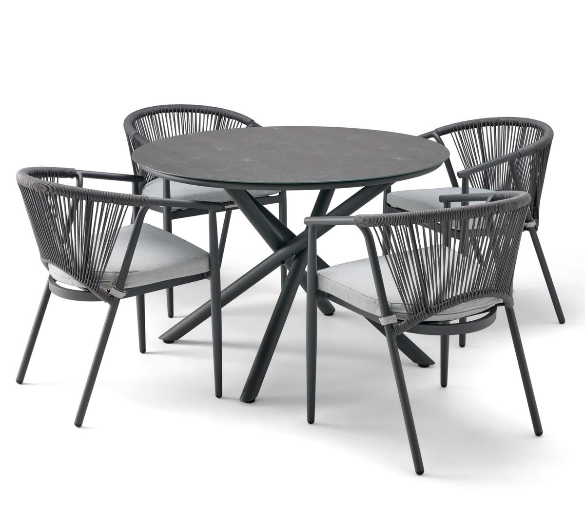 Four stylish grey chairs with woven backrests encircle a sleek round table featuring a minimalist black design. Perfect for modern patios or garden dining areas.