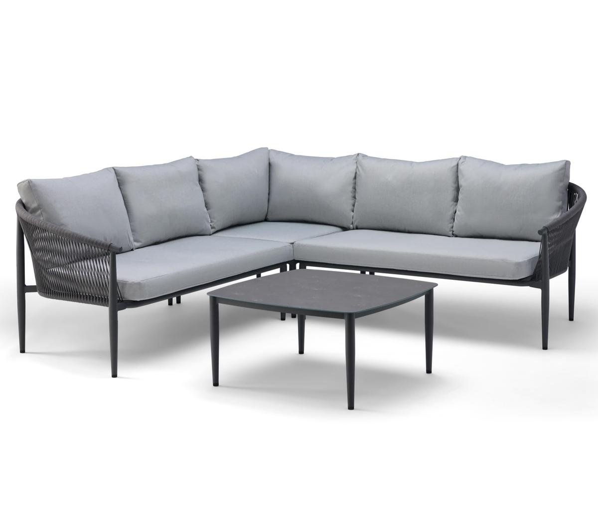 Grey outdoor corner sofa set with five cushions and matching square coffee table, featuring sleek black metal frame and woven sides for stylish garden or patio lounging.