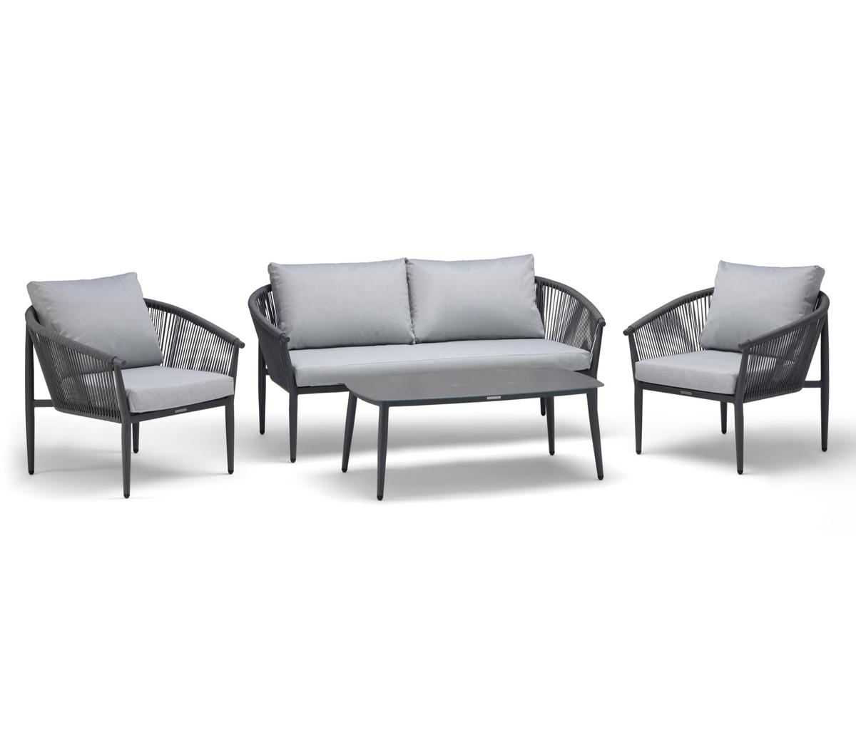 Outdoor furniture set featuring a stylish grey sofa, two armchairs, and a matching coffee table, crafted with durable materials for modern garden or patio use.