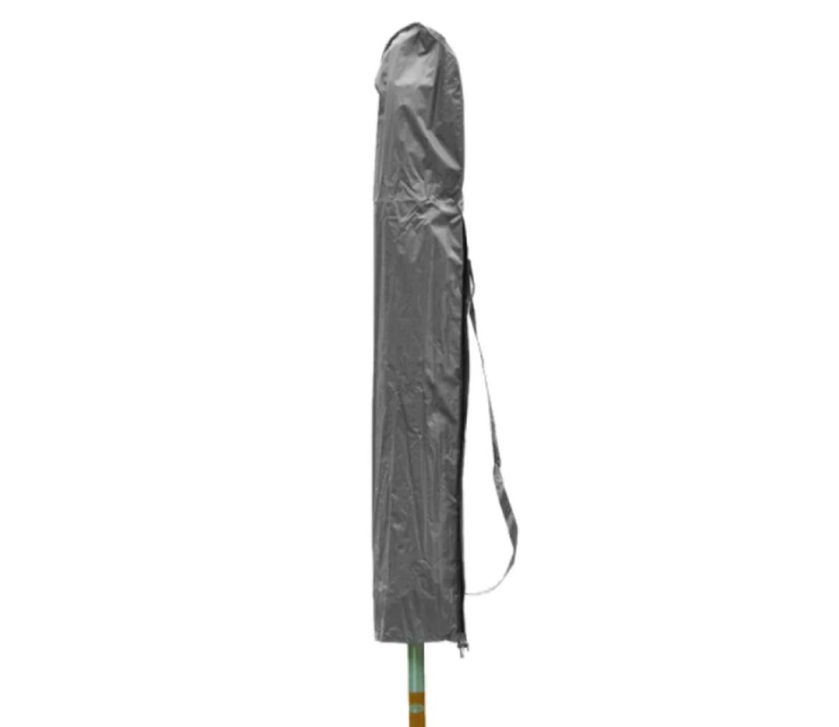 Gray protective cover for a patio parasol, featuring a durable fabric with a strap for secure fitting. Designed to shield large garden umbrellas from weather elements.