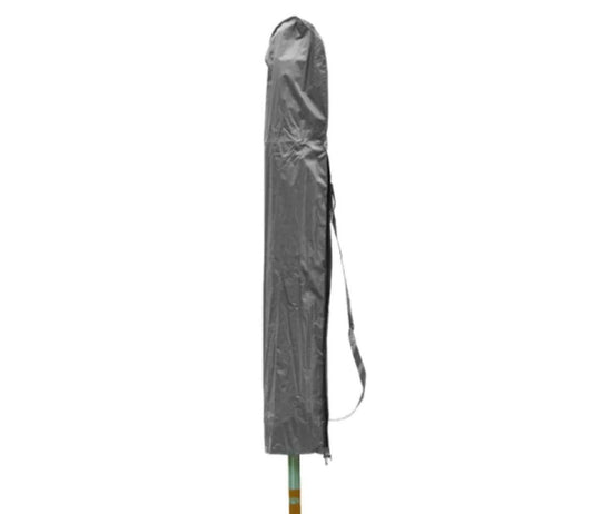 Gray protective cover for a patio parasol, featuring a durable fabric with a strap for secure fitting. Designed to shield large garden umbrellas from weather elements.