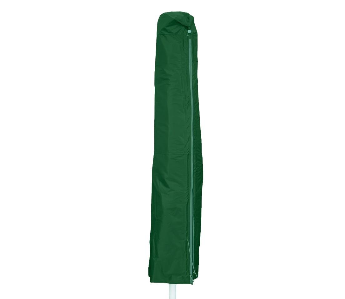 Green parasol cover with a secure zip, designed to protect outdoor umbrellas from weather damage and dust. Durable material ensures longevity and easy maintenance.