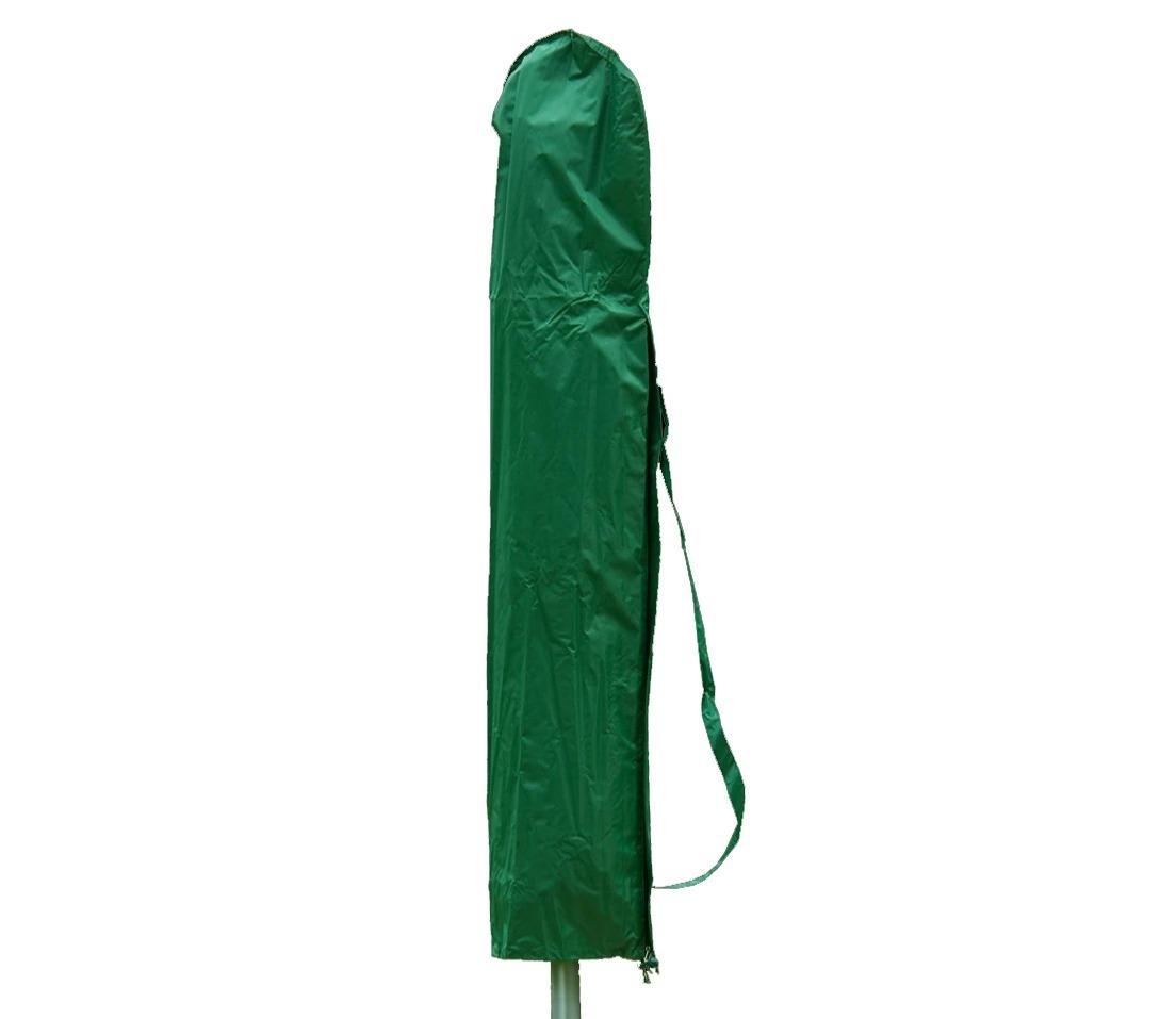 Green waterproof parasol cover with an attached strap shown against a white background. Ideal for protecting garden umbrellas from weather elements when not in use.