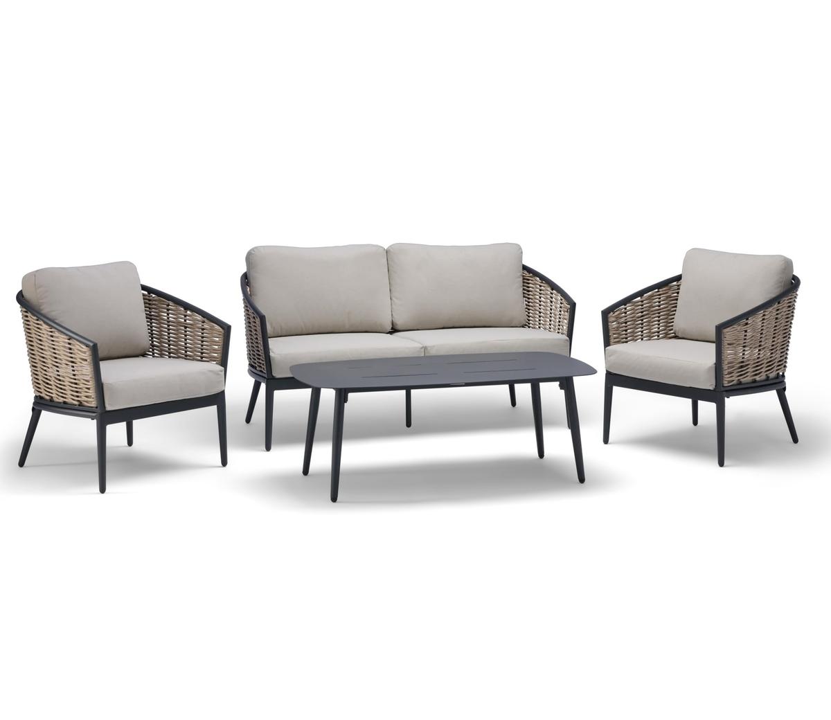 Outdoor furniture set featuring a modern grey table, two chairs, and a two-seater sofa. The set includes beige cushions and woven rattan-style armrests. Perfect for patios.