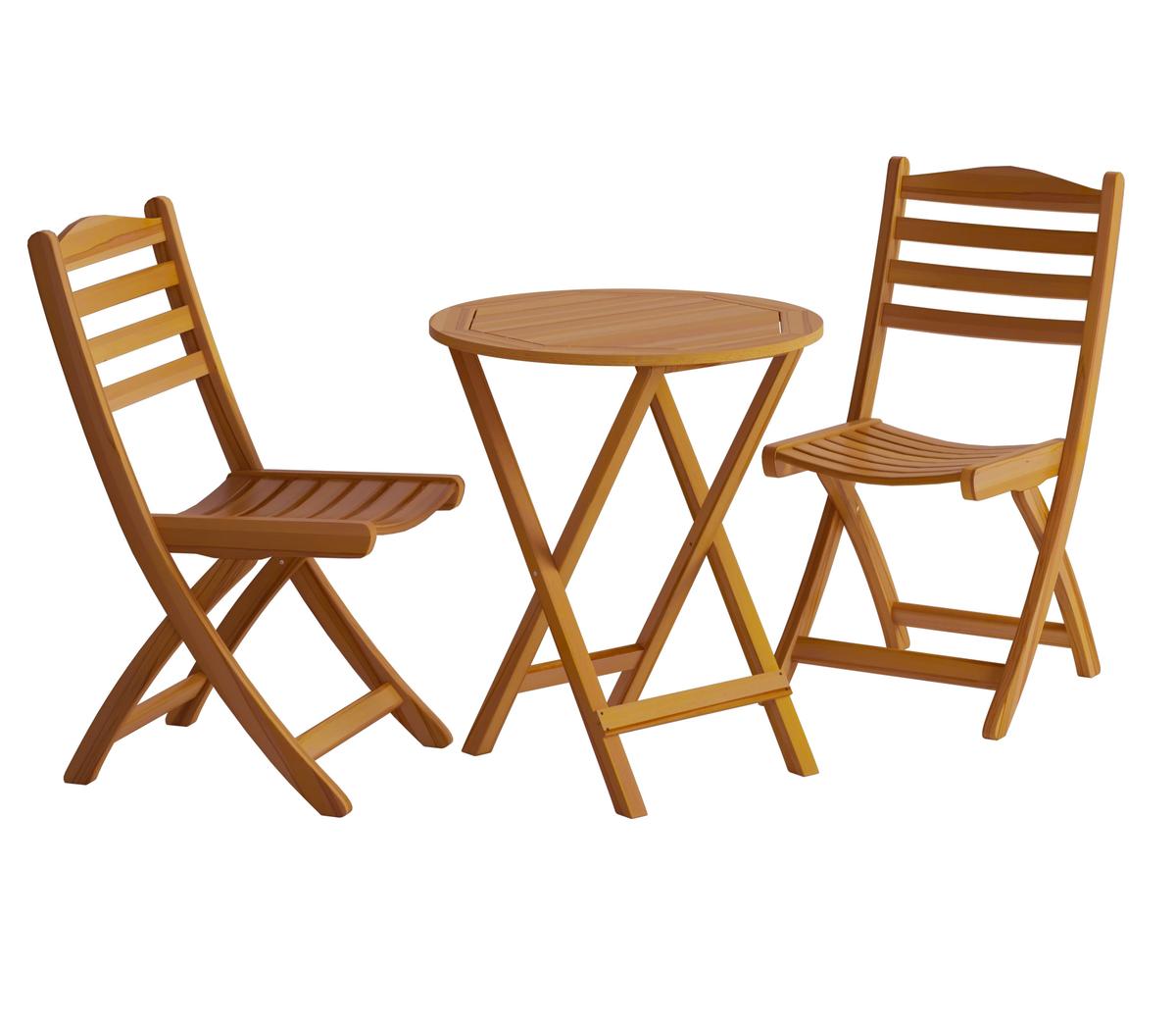 Folding wooden bistro set with two chairs and a round table. Perfect for outdoor dining or small patios, made from durable wood with a natural finish.