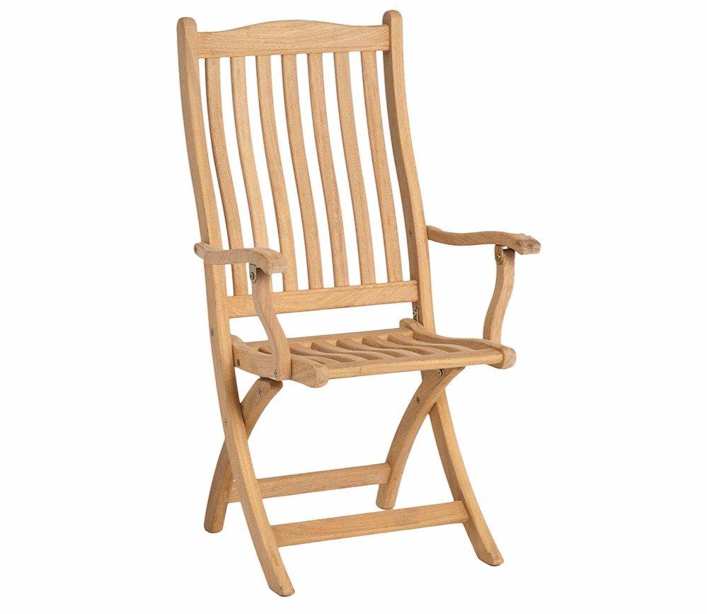 Elegant teak wood folding chair featuring a slatted back and seat. Ideal for outdoor use, this chair combines durability and classic design for garden settings.