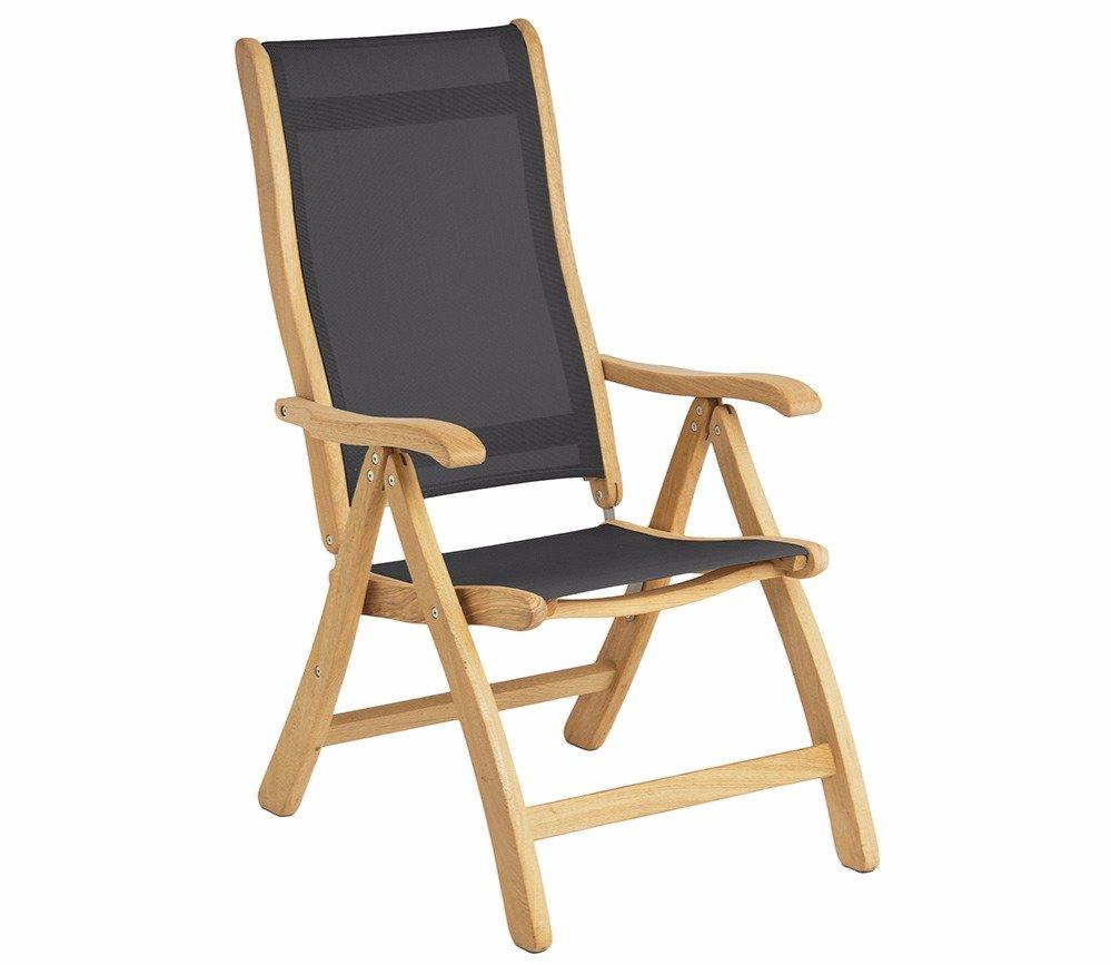 Teak wood outdoor folding garden chair with black mesh seat and backrest. Designed for comfort and portability, perfect for patios or outdoor spaces.