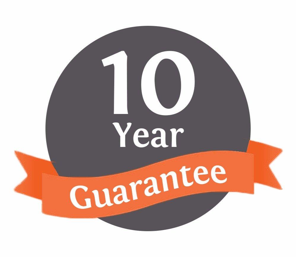 10-year warranty seal featuring white text on a dark grey circular background with an orange ribbon displaying Guarantee to assure product durability and reliability.