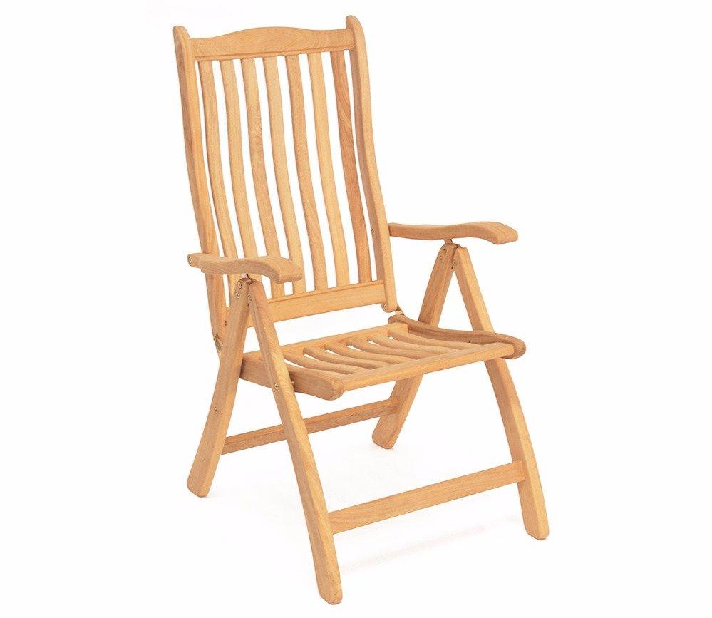 A wooden foldable garden chair with high slatted backrest and armrests, designed for outdoor use. Made of durable teak wood for comfort and long-lasting durability.