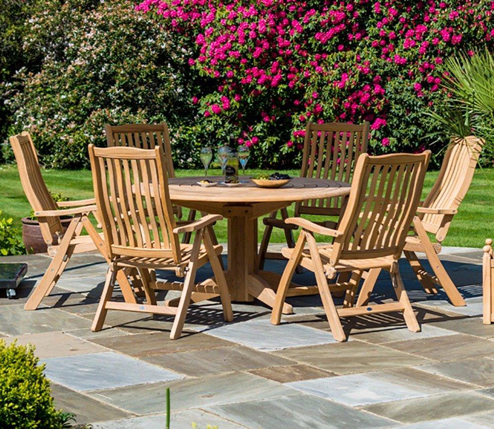 Outdoor patio set with six wooden chairs around a circular table on a stone patio, surrounded by vibrant pink flowers and lush green foliage in a garden setting.