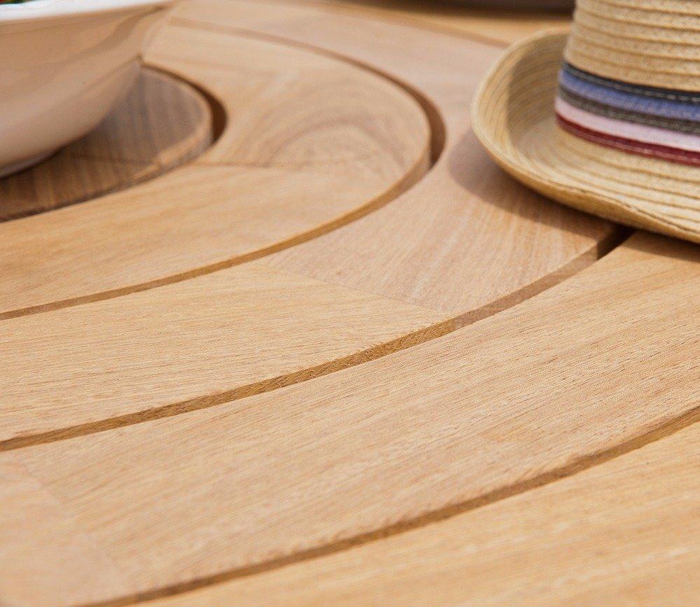 Close-up of a circular wooden outdoor table with smooth, natural grain detail. A straw hat with colourful bands rests casually on the surface, evoking summer elegance.