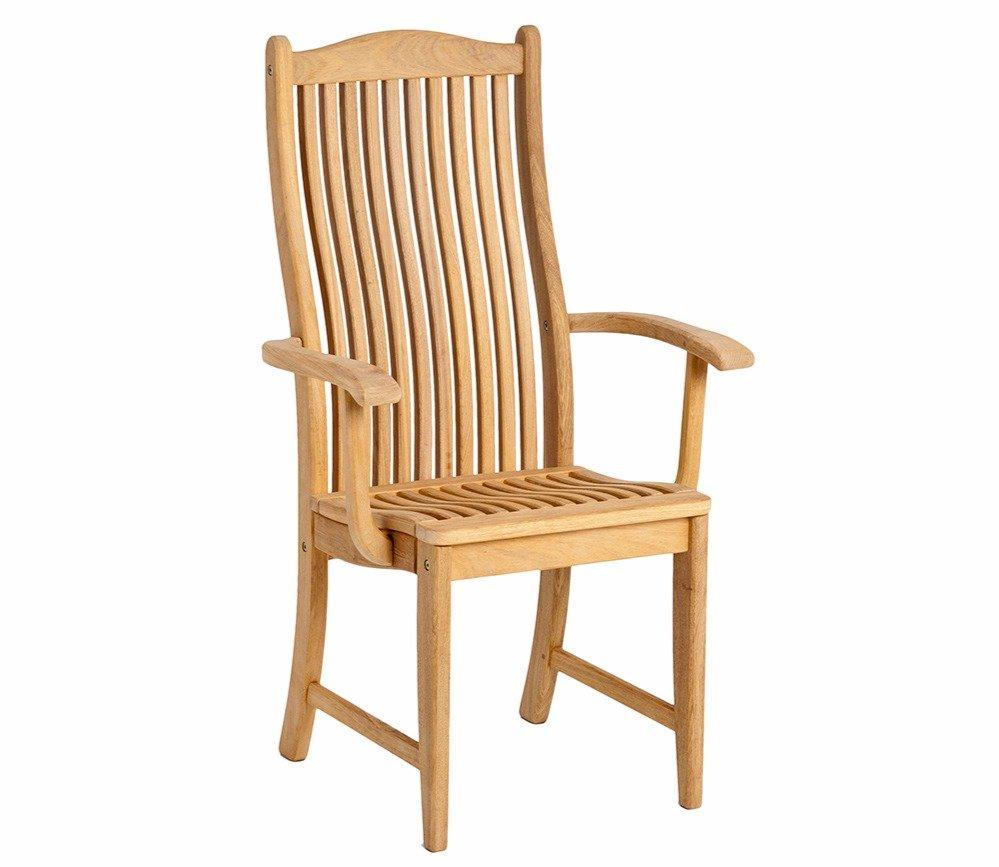 Wooden outdoor armchair featuring a tall slatted back and curved armrests, crafted from natural teak wood, ideal for garden or patio seating arrangements.