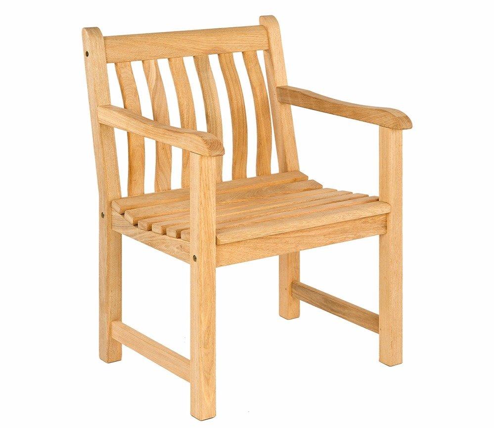 Outdoor wooden chair with slatted backrest and seat, crafted from durable teak wood for garden or patio use. Features armrests for added comfort. Sturdy design.