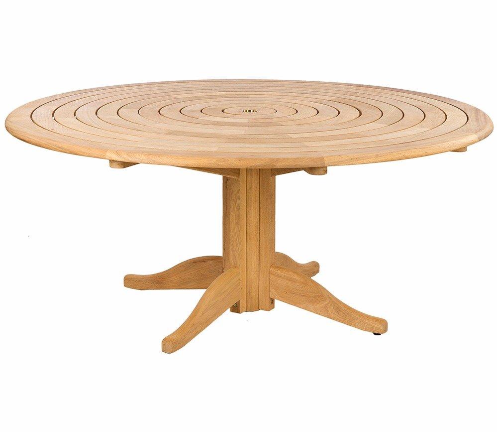 Round wooden dining table crafted from high-quality teak wood, featuring a smooth tabletop with concentric circular design and sturdy central pedestal base.