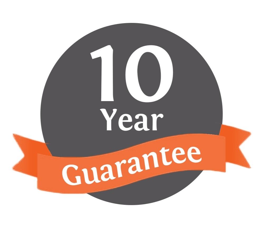 10-year guarantee badge in grey with an orange ribbon, highlighting a decade-long assurance of quality and reliability for the product, ideal for customer reassurance.