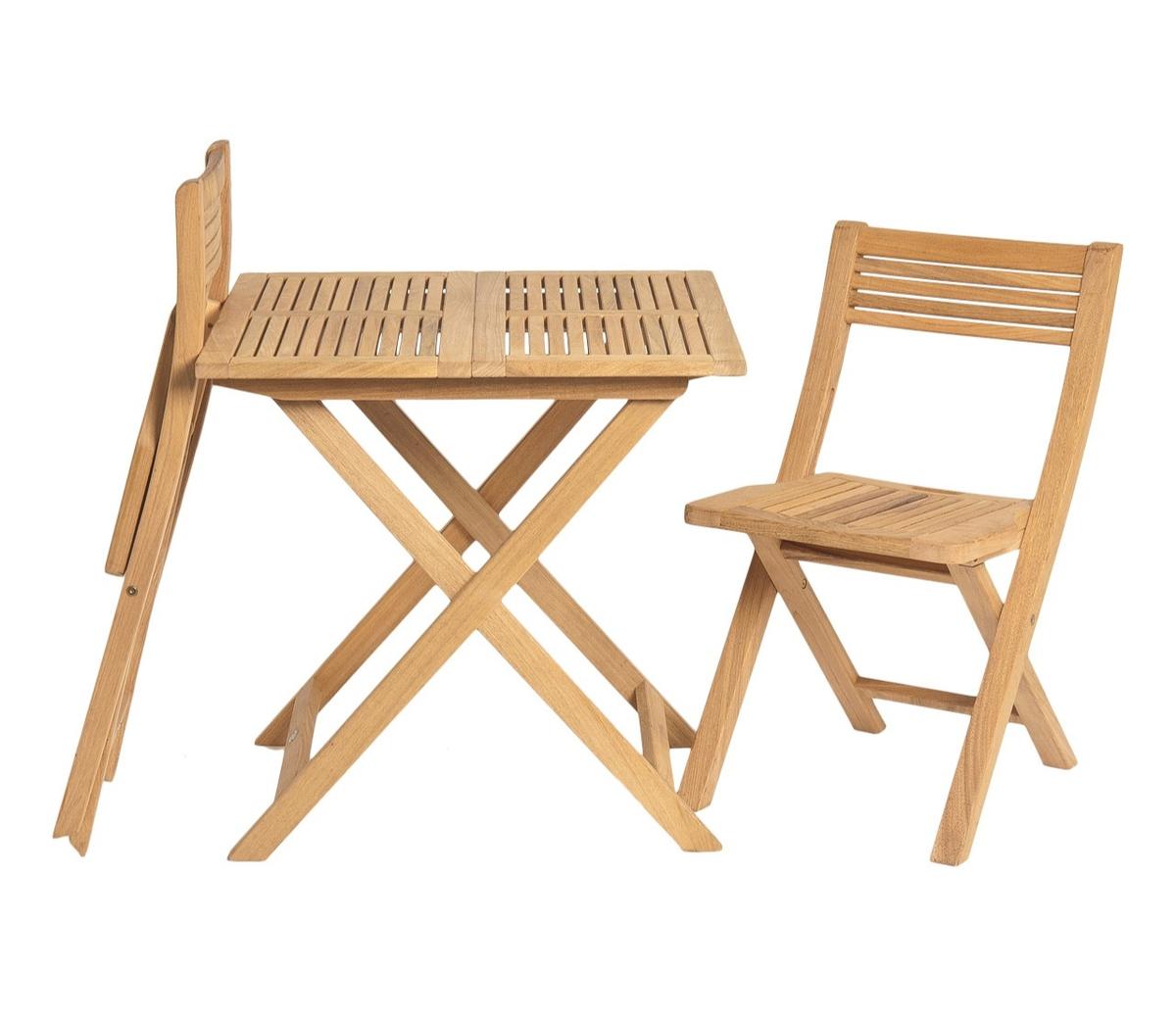 An outdoor wooden bistro set including a foldable rectangular table and two chairs, perfect for garden or patio dining, with a natural finish and slatted design.