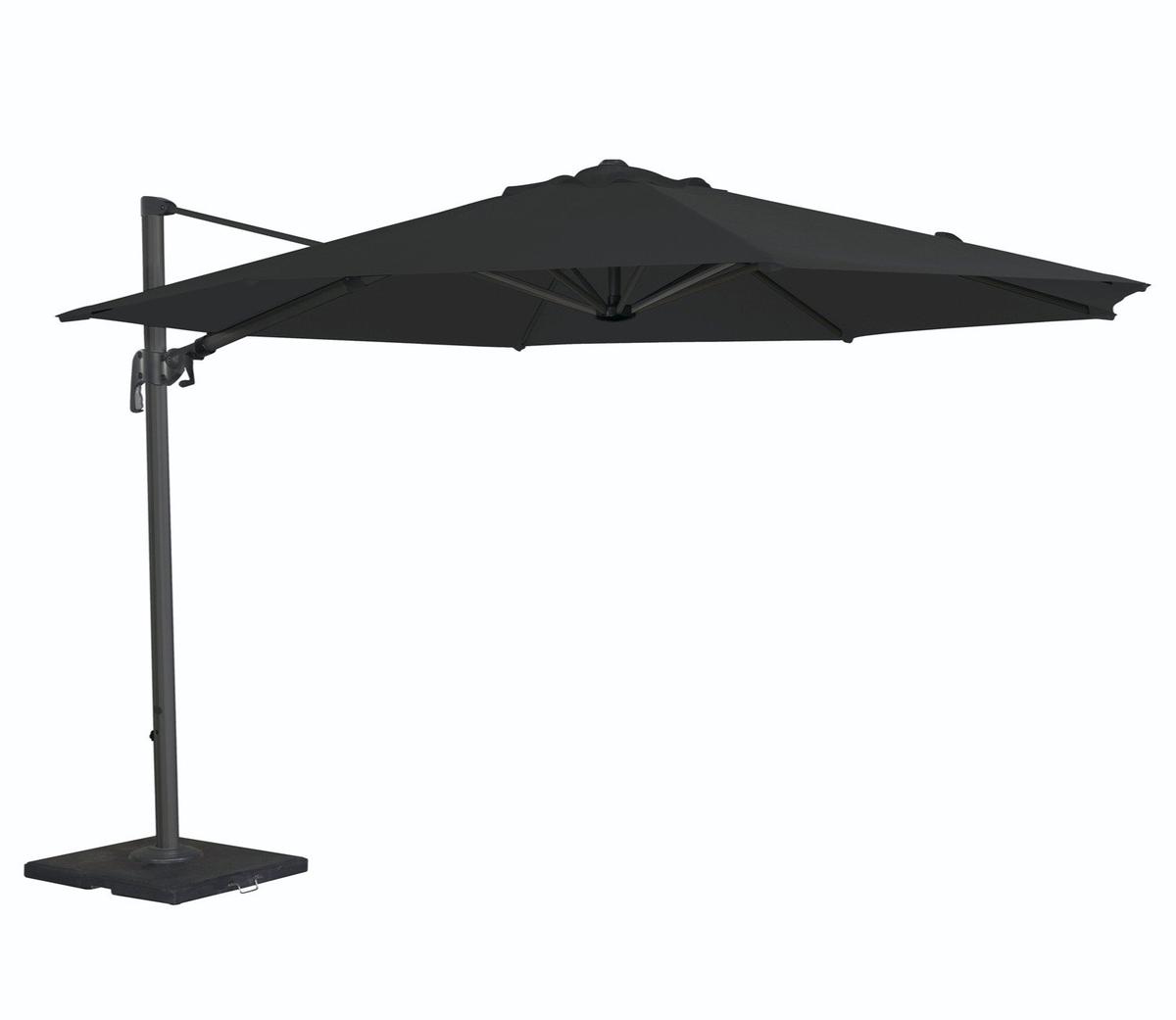 Large black cantilever umbrella with a sturdy metal frame and square base, ideal for outdoor patio or garden shade. Perfect for relaxation and sun protection.