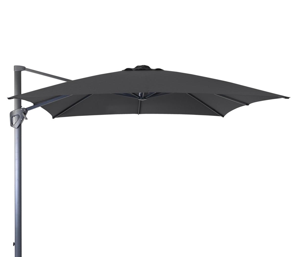 Dark grey cantilever garden parasol with wide canopy and side arm design, modern outdoor shade solution ideal for patios, terraces and stylish garden seating areas.